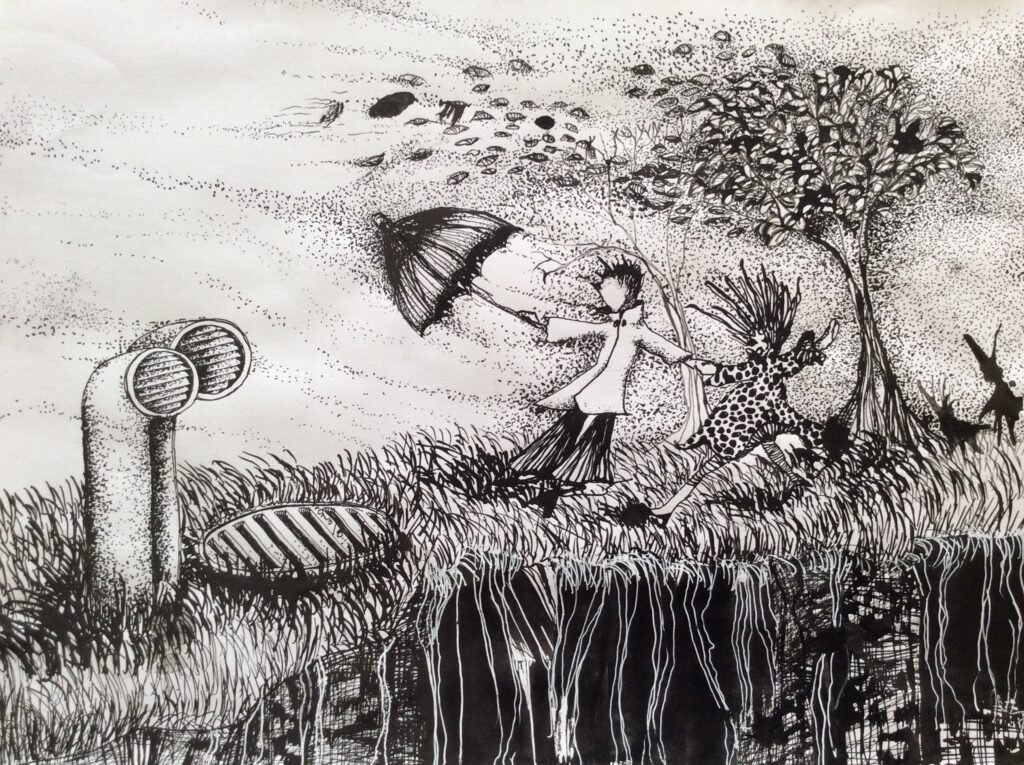 Arrasados por el viento/ Técnica: tinta china / Medidas: 28 cm x 21 cm Arrasados por el viento/ Técnica: tinta china / Medidas: 28 cm x 21 cm