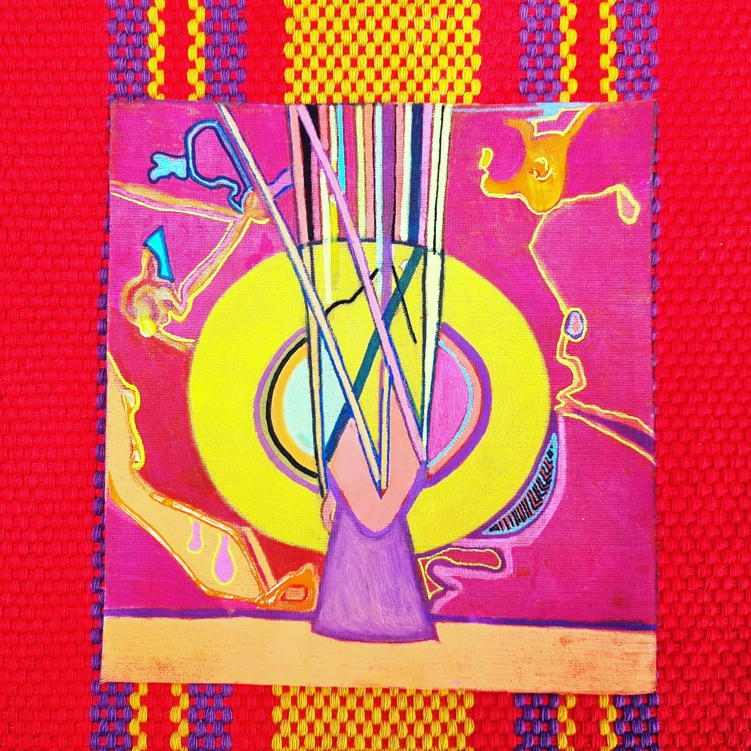 De la serie Riesgo de color De la serie Riesgo de Color Técnica: Telas finas con posca/Medidas: 32 cm x 32 cm