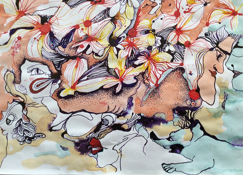 Flores rotas/Técnica: tinta china y color / Medidas: 28 cm x 21 cm Flores rotas/Técnica: tinta china y color / Medidas: 28 cm x 21 cm