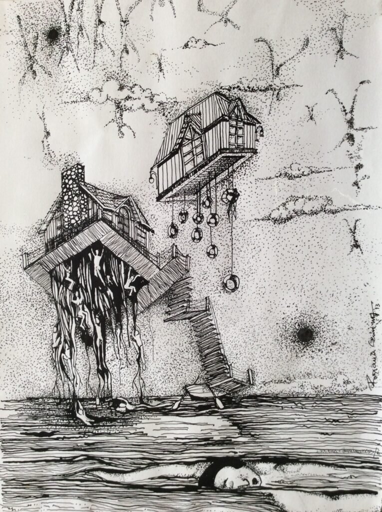 La salvación/ Técnica: tinta china / Medidas: 28 cm x 21 cm La salvación/ Técnica: tinta china / Medidas: 28 cm x 21 cm