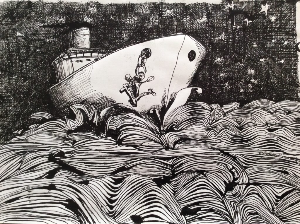 Noche de mar / Técnica: tinta china/ Medidas: 28 cm x 21 cm Noche de mar / Técnica: tinta china/ Medidas: 28 cm x 21 cm